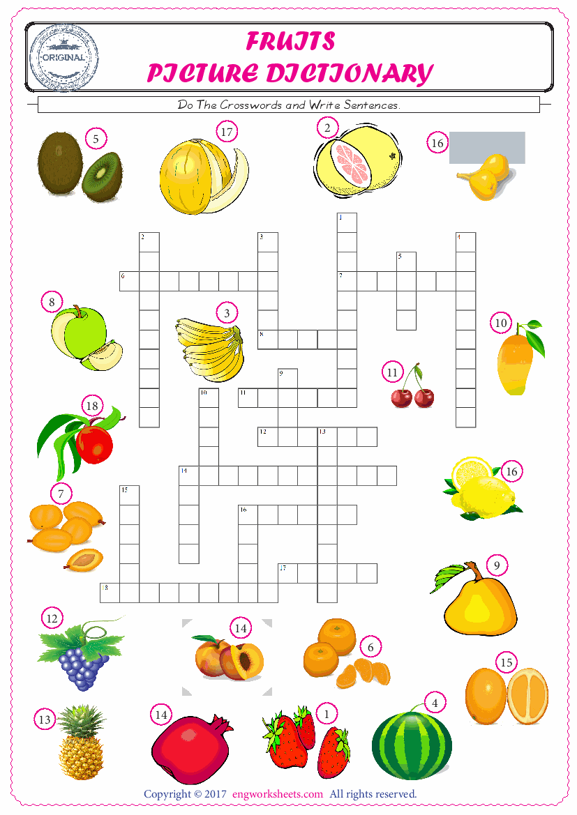  ESL printable worksheet for kids, supply the missing words of the crossword by using the Fruits picture. 